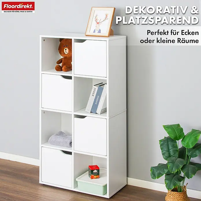 Floordirekt Holzregal Bücherregal Connecticut mit 8 Fächern - Anzahl Böden: 8 Stk., Schrauben - Weißes, dekoratives 8-Fächer-Regal mit offenen und geschlossenen Staufächern, perfekt für kleine Räume.