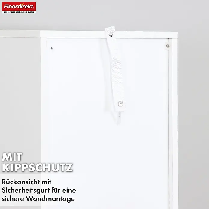 Floordirekt Holzregal Bücherregal Delaware mit 6 Ablagen - Anzahl Böden: 6 Stk., Schrauben - Rückansicht eines weißen Möbels mit weißem Sicherheitsgurt zur Kippsicherung an der Wand.