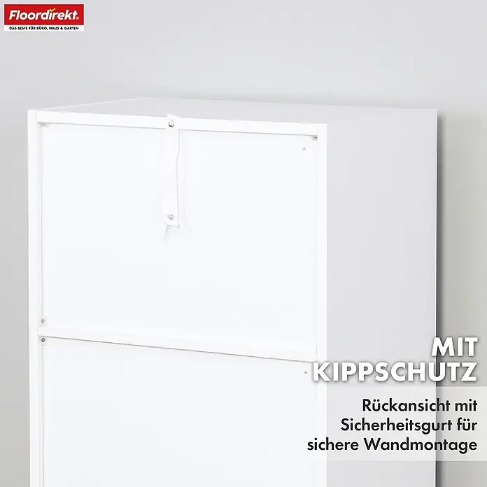 Floordirekt Holzregal Bücherregal California mit 8 Fächern - Anzahl Böden: 8 Stk., Schrauben - Rückseite eines weißen Schranks mit Kippschutzgurt zur sicheren Wandmontage.