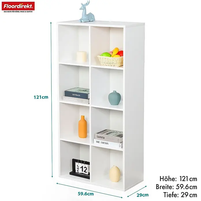 Floordirekt Holzregal Bücherregal California mit 8 Fächern - Anzahl Böden: 8 Stk., Schrauben - Weißes Standregal mit 8 Fächern, 121 cm hoch, 59,6 cm breit, 29 cm tief.