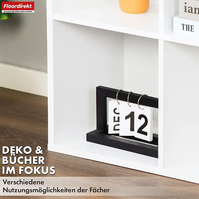 Floordirekt Holzregal Bücherregal California mit 8 Fächern - Anzahl Böden: 8 Stk., Schrauben - Weißes Würfelregal mit Fächern, die einen dekorativen Kalender und Bücher präsentieren, vielseitig nutzbar.