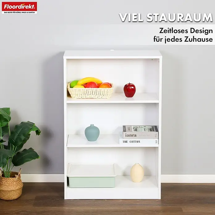 Floordirekt Holzregal Bücherregal Maine mit 3 Etagen - Anzahl Böden: 3 Stk., Schrauben - Weißes Regal mit mehreren Fächern, bietet vielseitigen Stauraum für verschiedene Gegenstände, ideal für Zuhause oder Büro.