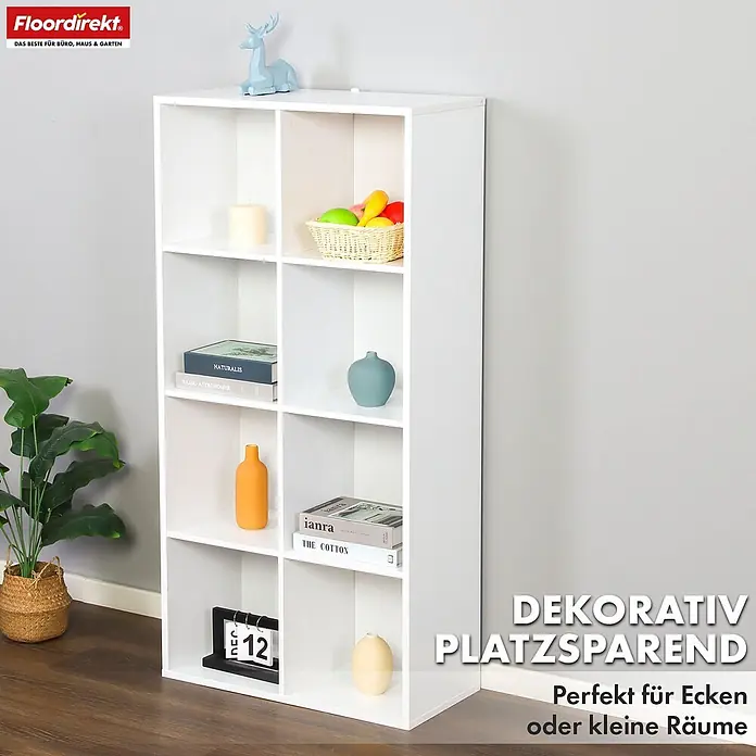 Floordirekt Holzregal Bücherregal California mit 8 Fächern - Anzahl Böden: 8 Stk., Schrauben - Weißes Würfelregal mit acht Fächern, dekoriert mit Büchern, Vasen und Dekoartikeln. Ideal für kleine Räume.