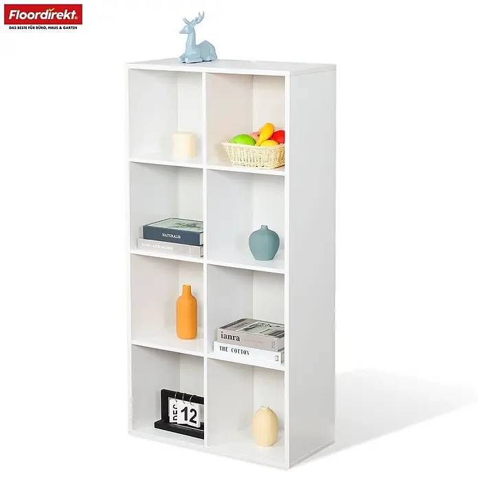 Floordirekt Holzregal Bücherregal California mit 8 Fächern - Anzahl Böden: 8 Stk., Schrauben - Weißes Regal mit acht offenen Fächern zur Aufbewahrung und Dekoration.