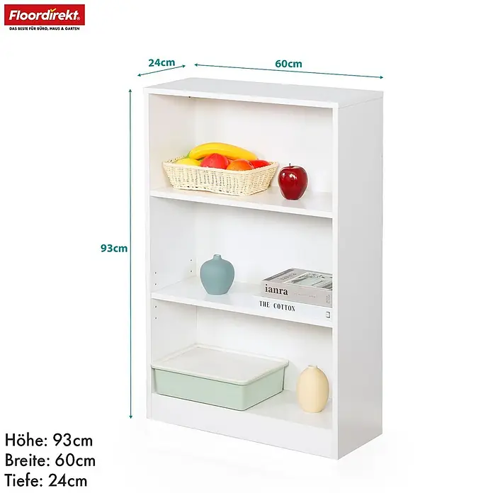 Floordirekt Holzregal Bücherregal Maine mit 3 Etagen - Anzahl Böden: 3 Stk., Schrauben - Weißes 3-stufiges Regal, 93cm H x 60cm B x 24cm T, ideal für Büro und Zuhause.