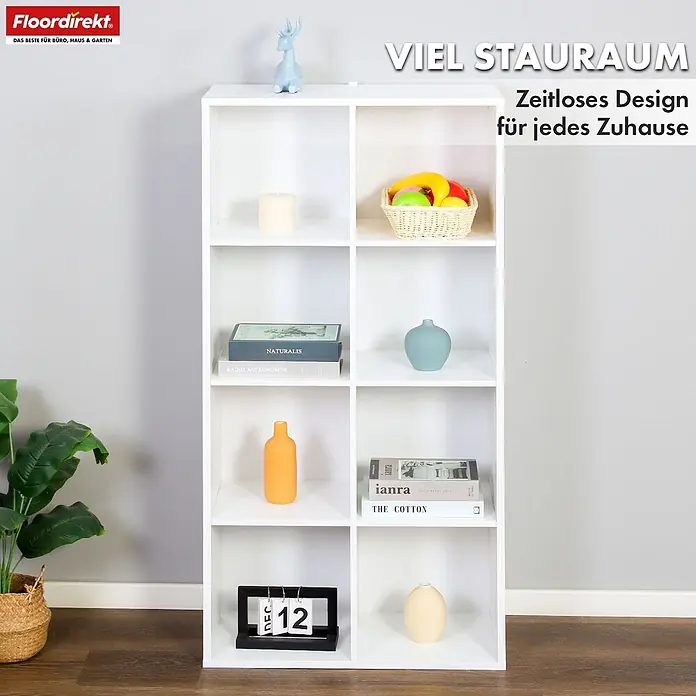 Floordirekt Holzregal Bücherregal California mit 8 Fächern - Anzahl Böden: 8 Stk., Schrauben - Ein weißes Kubusregal mit 8 Fächern für vielseitigen Stauraum. Ideal für Bücher und Dekoration, mit zeitlosem Design.