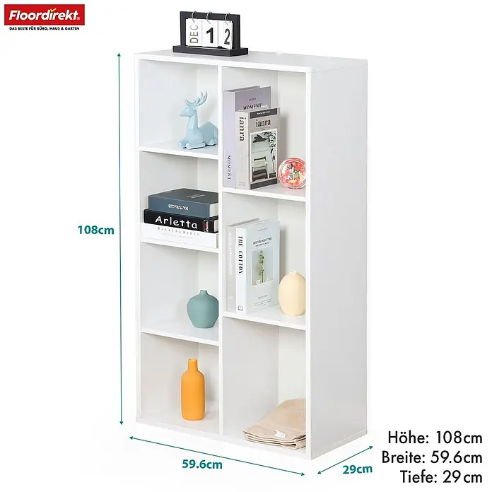 Floordirekt Holzregal Bücherregal California mit 7 Fächern - Anzahl Böden: 7 Stk., Schrauben - Weißes, modulares Regal mit mehreren Fächern für Bücher und Dekoration.