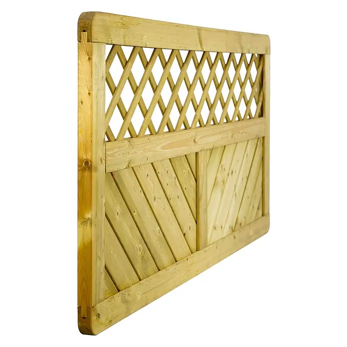 GartenLand Sichtschutzelement INNSBRUCK MASSIV - B x H: 180 x 90 cm, Holz, Fichte KDI Grün - Gartenzaun aus hellem Holz mit Rautenrankgitter oben und schräg verlaufendem Lattenunterteil.