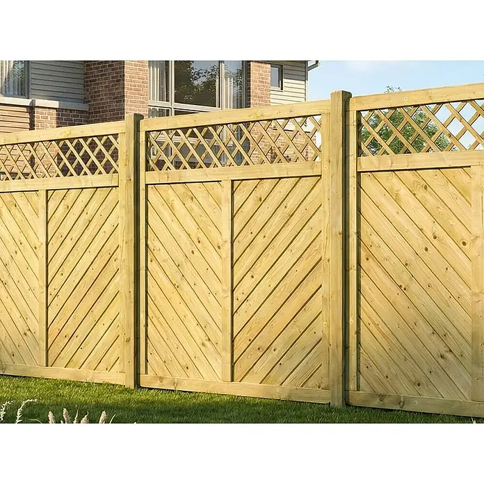 GartenLand Sichtschutzelement INNSBRUCK MASSIV - B x H: 90 x 180 cm, Holz, Fichte KDI Grün - Zaunpaneele aus hellem Holz mit diagonalen Latten und dekorativem Rautenmuster oben.