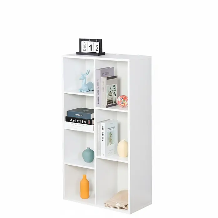 Floordirekt Holzregal Bücherregal California mit 7 Fächern - Anzahl Böden: 7 Stk., Schrauben - Weißes Holzregal mit mehreren Fächern, das Bücher und Dekorationen zeigt.
