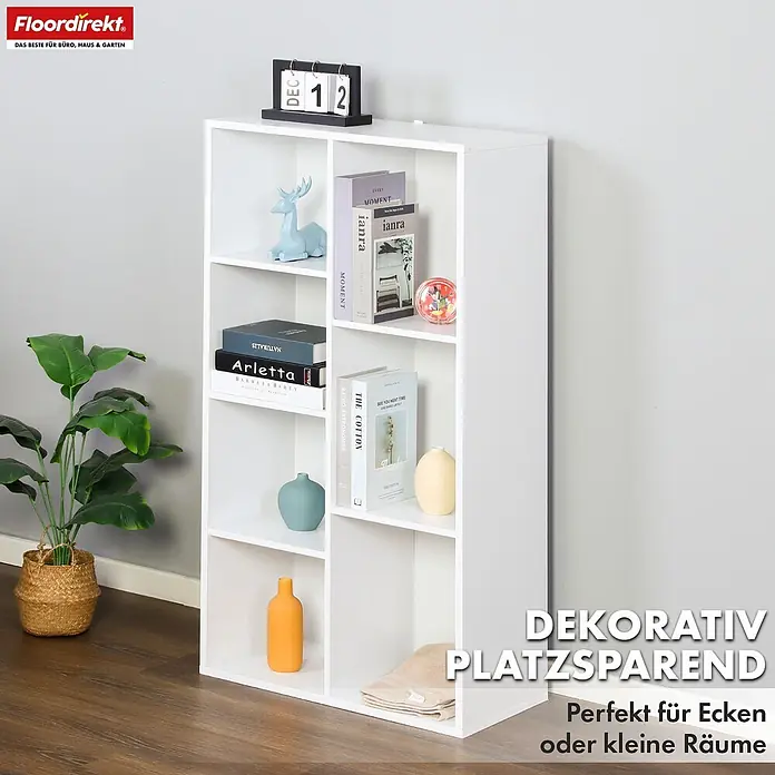 Floordirekt Holzregal Bücherregal California mit 7 Fächern - Anzahl Böden: 7 Stk., Schrauben - Weißes, modulares Regal mit Fächern, dekoriert mit Büchern und Pflanzen, ideal für platzsparende Aufbewahrung.