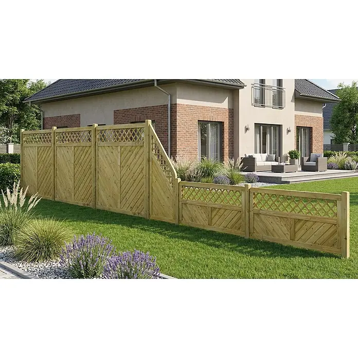 GartenLand Sichtschutzelement INNSBRUCK MASSIV - B x H: 90 x 180 cm, Holz, Fichte KDI Grün - Gartenzaun aus Naturholz mit Rankgitter oben und diagonalen Latten unten, im Garten installiert, in der Höhe variierend.
