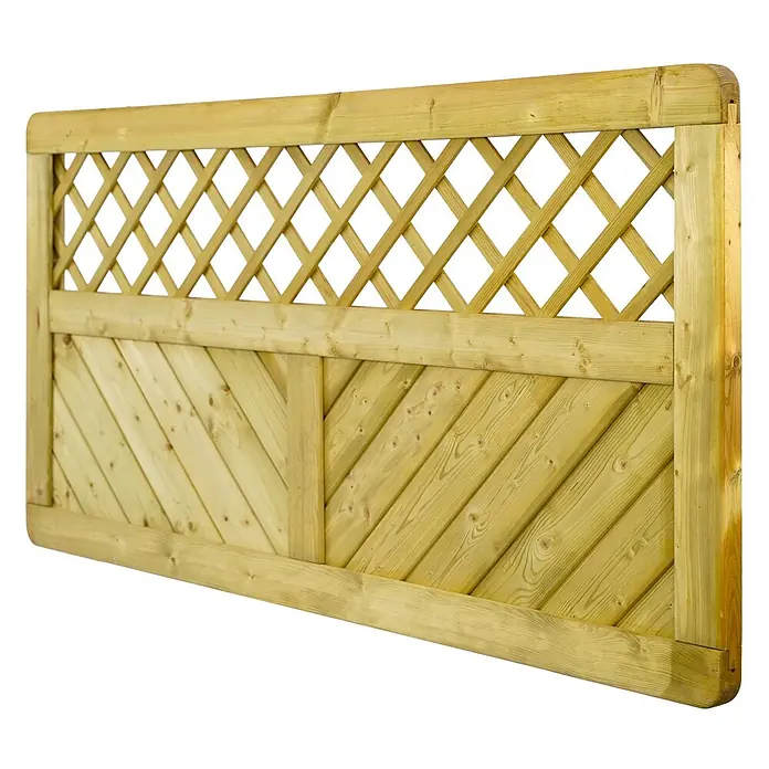 GartenLand Sichtschutzelement INNSBRUCK MASSIV - B x H: 180 x 90 cm, Holz, Fichte KDI Grün - Holz-Gartenzaunelement mit diagonalen Latten und Rautenrankgitter oben.