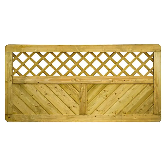 GartenLand Sichtschutzelement INNSBRUCK MASSIV - B x H: 180 x 90 cm, Holz, Fichte KDI Grün - Helles Holzzaunpaneel mit dekorativem Rauten-Gitter oben und diagonalen Latten im V-Muster unten.