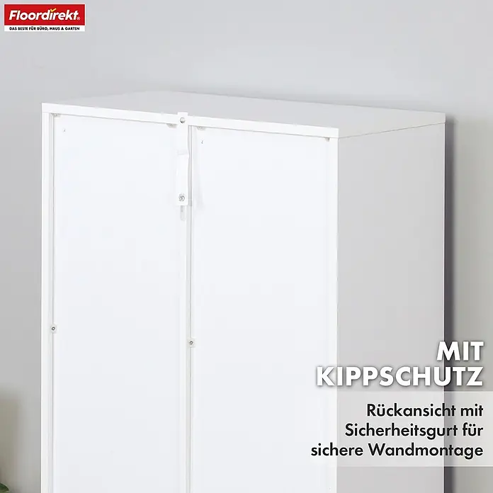 Floordirekt Holzregal Bücherregal California mit 7 Fächern - Anzahl Böden: 7 Stk., Schrauben - Rückansicht eines weißen Schranks mit Kippschutz-Sicherheitsgurt zur Wandmontage.