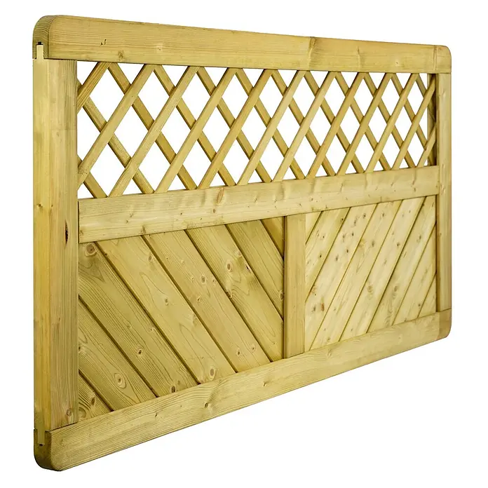 GartenLand Sichtschutzelement INNSBRUCK MASSIV - B x H: 180 x 90 cm, Holz, Fichte KDI Grün - Gartenzaun aus hellem Holz mit diagonalen Latten unten und Rautenrankgitter oben.