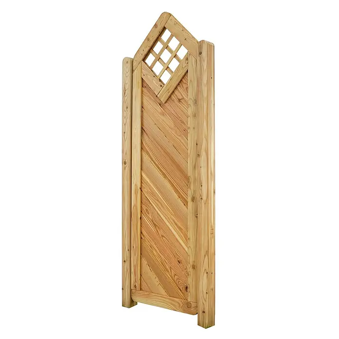 GartenLand Sichtschutzelement NIZZA - B x H: 60 x 210 cm, Holz, Lärche - Ein helles Holztor mit diagonalen Brettern und einem gewölbten Gitteraufsatz.