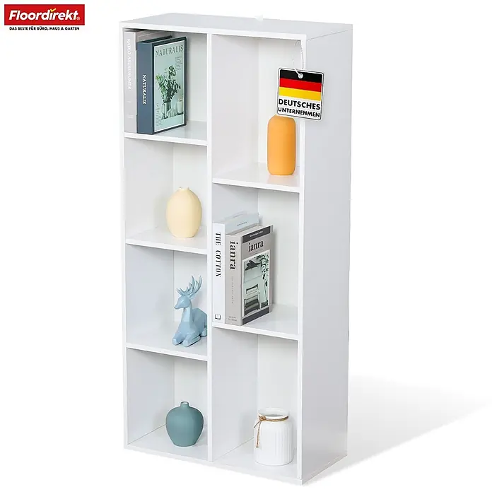 Floordirekt Holzregal Bücherregal Arkansas mit 7 Fächern - Anzahl Böden: 7 Stk., Schrauben - Weißes Bücherregal mit mehreren Fächern, ideal zur Aufbewahrung von Büchern und Dekoartikeln. Mit "Deutsches Unternehmen"-Etikett.