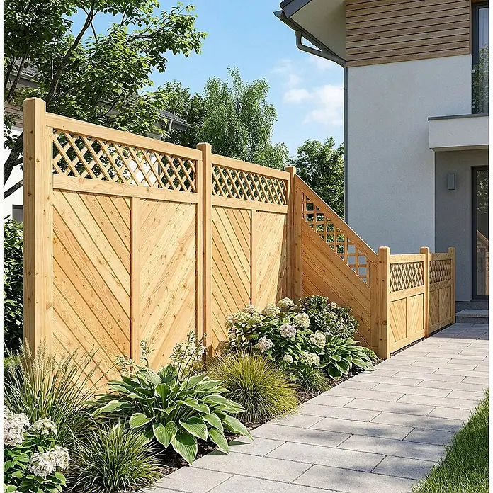 GartenLand Sichtschutzelement NIZZA - Holz, Lärche - Hölzerner Gartensichtschutz mit Rankgitter, naturholzfarben, an einem gepflasterten Weg neben einem Haus, umgeben von Pflanzen.