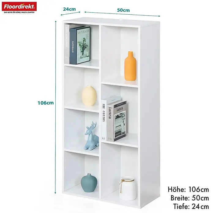 Floordirekt Holzregal Bücherregal Arkansas mit 7 Fächern - Anzahl Böden: 7 Stk., Schrauben - Weißes Bücherregal aus Holz mit 8 Fächern, Maße 106x50x24cm, ideal für Bücher und Dekoration.