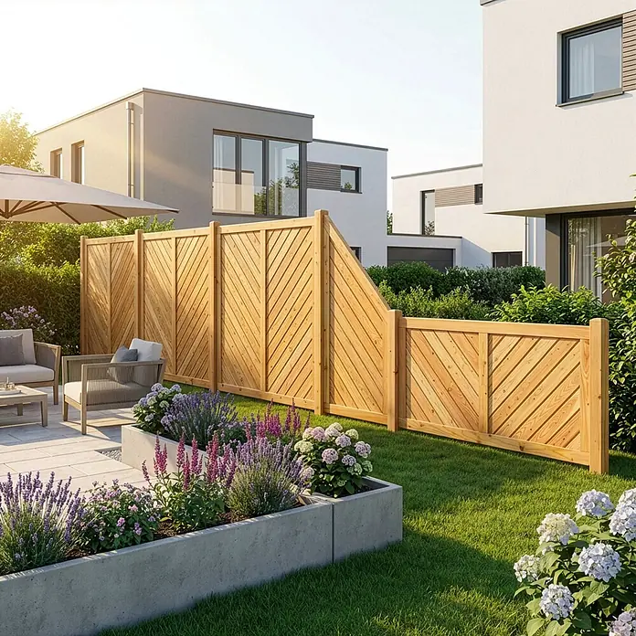 GartenLand Sichtschutzelement NIZZA - B x H: 120 x 180 cm, Holz, Lärche - Leichte Holz-Gartenzaunpaneele als Sichtschutz in einem modernen Garten.