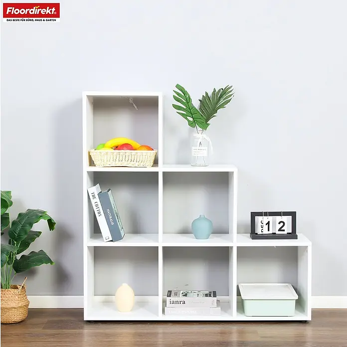 Floordirekt Holzregal Bücherregal Carolina mit 6 Fächern - Anzahl Böden: 6 Stk., Schrauben - Weißes, modulares Stufenregal mit Fächern für Bücher und Dekoration.