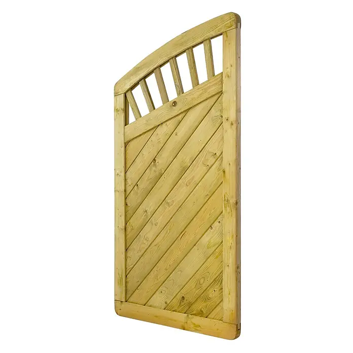 GartenLand Sichtschutzelement INNSBRUCK MASSIV - B x H: 90 x 165 cm, Holz, Fichte KDI Grün - Hellbraunes, druckimprägniertes Holztor mit diagonalen Brettern und einem gewölbten Oberteil mit vertikalen Balustern.