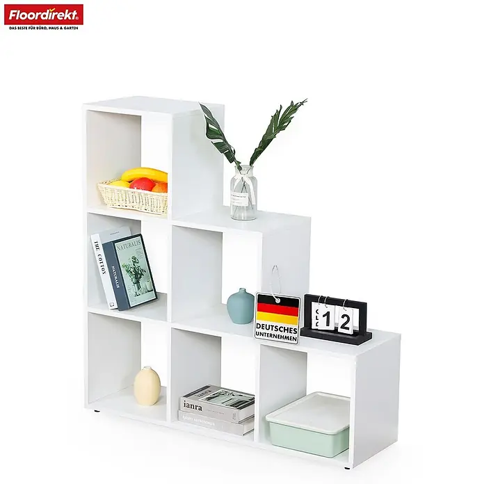 Floordirekt Holzregal Bücherregal Carolina mit 6 Fächern - Anzahl Böden: 6 Stk., Schrauben - Weißes, treppenförmiges Würfelregal mit Ablagefächern für Bücher, Dekoration und Aufbewahrung.