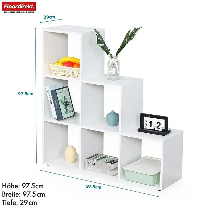 Floordirekt Holzregal Bücherregal Carolina mit 6 Fächern - Anzahl Böden: 6 Stk., Schrauben - Weißes Stufenregal mit 6 Fächern, ideal für Bücher und Deko. Maße: 97,5x97,5x29cm.