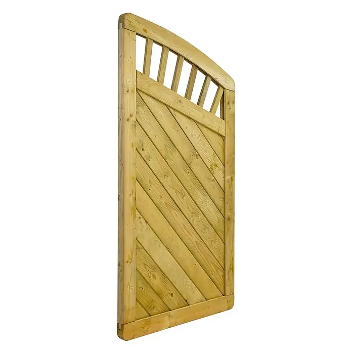 GartenLand Sichtschutzelement INNSBRUCK MASSIV - B x H: 90 x 165 cm, Holz, Fichte KDI Grün - Helles Holztor mit gewölbtem, Latten-Oberteil und diagonalen Paneelen.