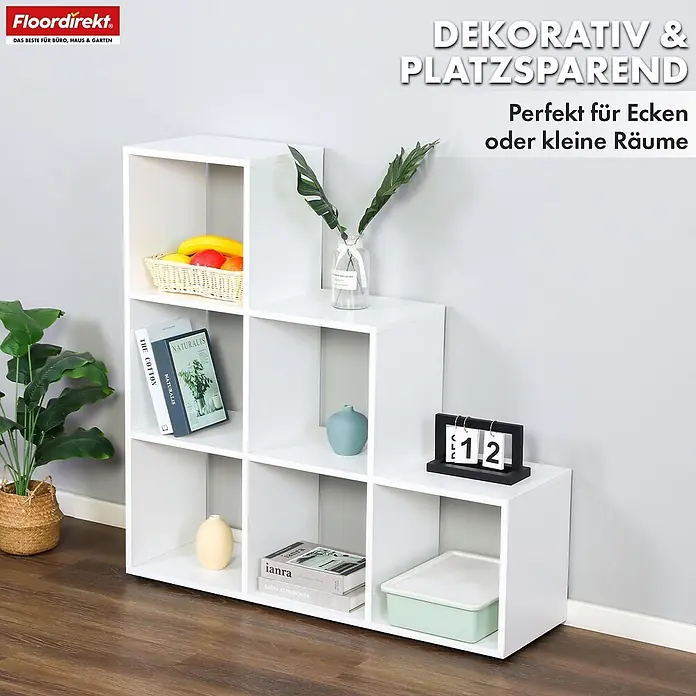 Floordirekt Holzregal Bücherregal Carolina mit 6 Fächern - Anzahl Böden: 6 Stk., Schrauben - Weißes gestuftes Würfelregal, dekorativ bestückt, ideal für Ecken oder kleine Räume.