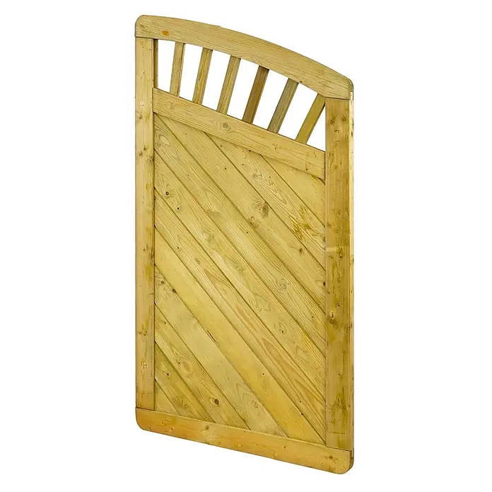 GartenLand Sichtschutzelement INNSBRUCK MASSIV - B x H: 90 x 165 cm, Holz, Fichte KDI Grün - Hölzernes Gartentor mit diagonalen Holzlatten und einem gewölbten oberen Bereich mit vertikalen Sprossen, in behandeltem grünlich-gelbem Holz.