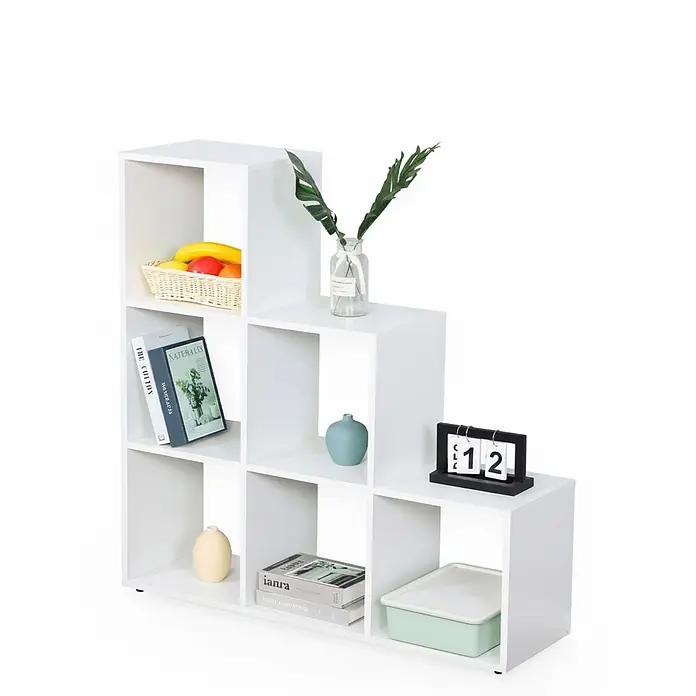 Floordirekt Holzregal Bücherregal Carolina mit 6 Fächern - Anzahl Böden: 6 Stk., Schrauben - Weißes Treppenregal mit mehreren Fächern zur Aufbewahrung von Büchern, Deko und Utensilien.
