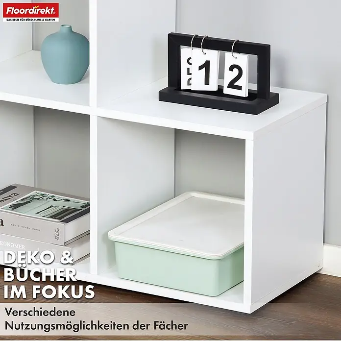 Floordirekt Holzregal Bücherregal Carolina mit 6 Fächern - Anzahl Böden: 6 Stk., Schrauben - Weißes modulares Regal mit Fächern für Deko, Bücher und eine Aufbewahrungsbox.