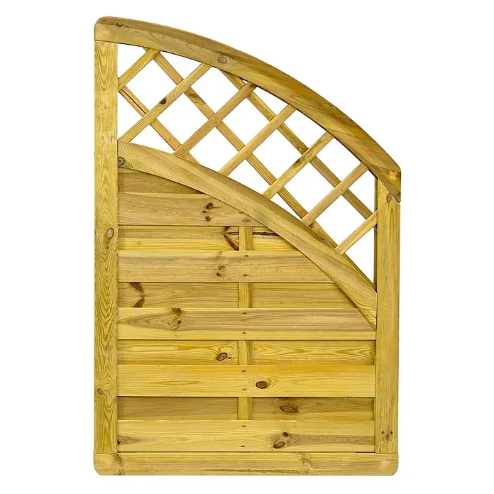 GartenLand Sichtschutzelement VARIO MASSIV - B x H: 90 x 134 cm, Holz, Kiefer KDI Grün - Gartenzaunpaneel aus Holz mit horizontalen Latten und einem geschwungenen oberen Teil mit diagonalem Rankgitter.