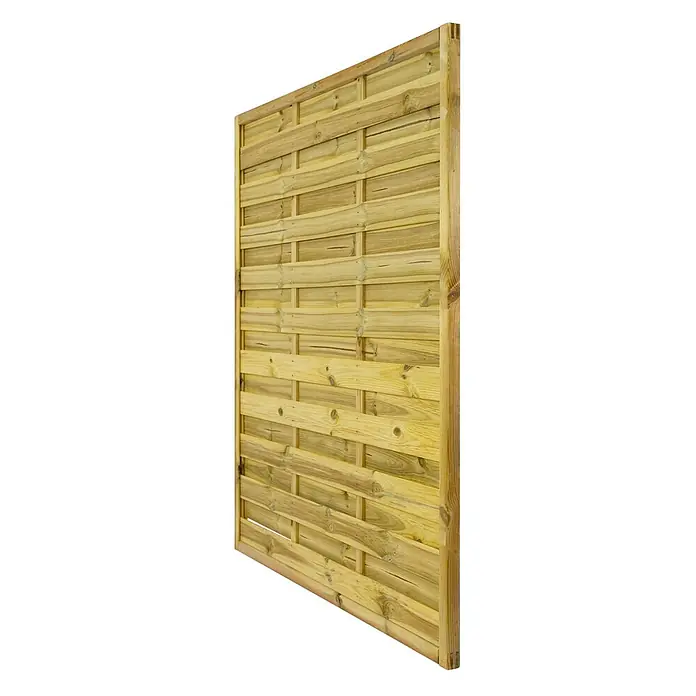 GartenLand Sichtschutzelement VARIO - Holz, Kiefer KDI Grün - Heller Holzzaun mit geflochtenen horizontalen und vertikalen Latten.