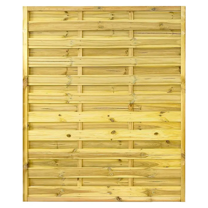 GartenLand Sichtschutzelement VARIO - Holz, Kiefer KDI Grün - Helles Holzzaunpaneel mit horizontalen Latten und einem Korbflechtmuster.
