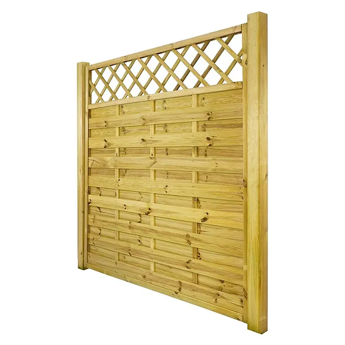 GartenLand Sichtschutzelement VARIO - B x H: 180 x 180 cm, Holz, Kiefer KDI Grün - Heller Holzzaun mit geflochtenem Unterteil und Rautenrankgitter oben.