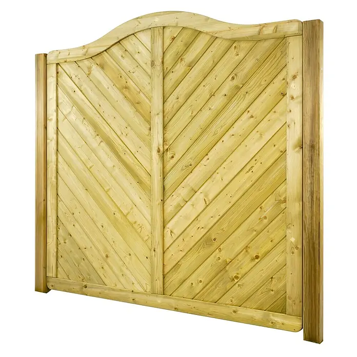 GartenLand Sichtschutzelement INNSBRUCK MASSIV - B x H: 180 x 180 cm, Holz, Fichte KDI Grün - Helles Holztor mit diagonalen Latten und geschwungener Oberkante.