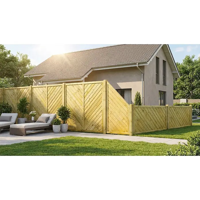 GartenLand Sichtschutzelement INNSBRUCK MASSIV - B x H: 120 x 180 cm, Holz, Fichte KDI Grün - Holzzaun als Sichtschutz mit diagonalen Latten in einem Garten.