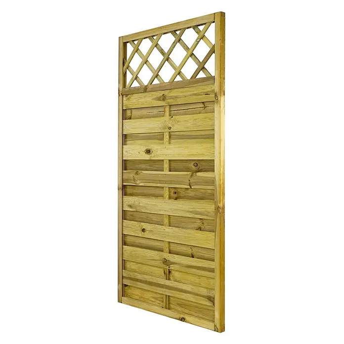 GartenLand Sichtschutzelement VARIO - B x H: 90 x 180 cm, Holz, Kiefer KDI Grün - Gelbgrüner, behandelter Gartenzaun aus Holz mit Rautenrankgitter oben.