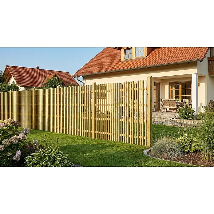 GartenLand Zauntor Lattenzaun WIEN abgeschrägt - 100 x 180 cm, Lärche, Holz - Heller Lattenzaun aus Holz, der einen grünen Garten teilt und eine natürliche Grenze am Haus mit Terrasse bildet.