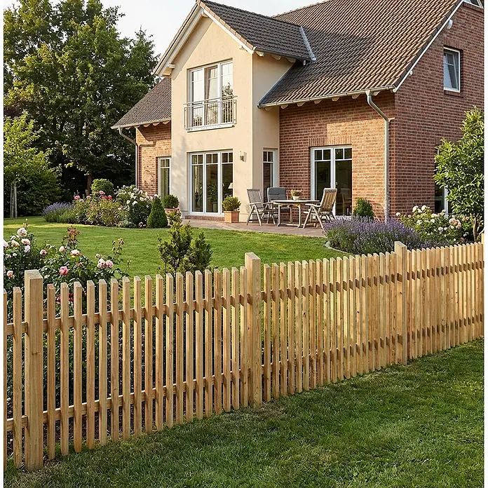 GartenLand Zauntor Lattenzaun WIEN abgeschrägt - 100 x 180 cm, Lärche, Holz - Holzzaun aus Naturholz grenzt eine grüne Rasenfläche vor einem Haus mit Garten ab.