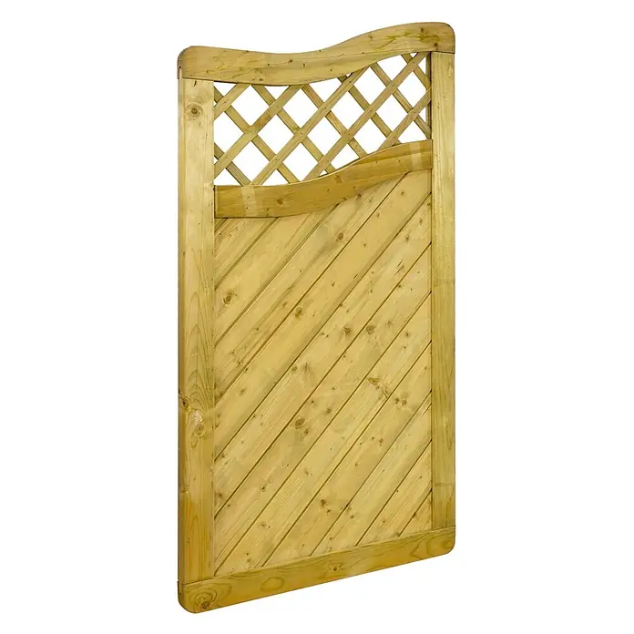 GartenLand Sichtschutzelement INNSBRUCK MASSIV - B x H: 90 x 165 cm, Holz, Fichte KDI Grün - Imprägniertes Holztor mit diagonalen Latten und gewölbtem Rankgitter oben.