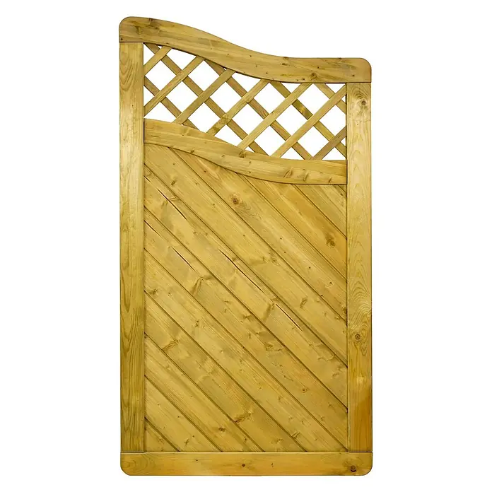 GartenLand Sichtschutzelement INNSBRUCK MASSIV - B x H: 90 x 165 cm, Holz, Fichte KDI Grün - Gartentor aus Holz mit diagonalen Brettern unten und geschwungenem Spalierfeld oben, helles Holzfinish.