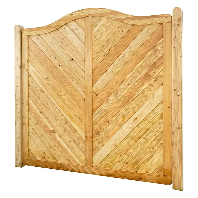 GartenLand Sichtschutzelement NIZZA - Holz, Lärche - Holztor aus hellem Naturholz mit Chevron-Muster, stabilem Rahmen und gewölbter Oberseite.