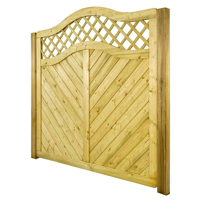 GartenLand Sichtschutzelement INNSBRUCK MASSIV - B x H: 180 x 180 cm, Holz, Fichte KDI Grün - Helles Holzzaunelement mit diagonalen Latten und geschwungenem Spalieraufsatz.
