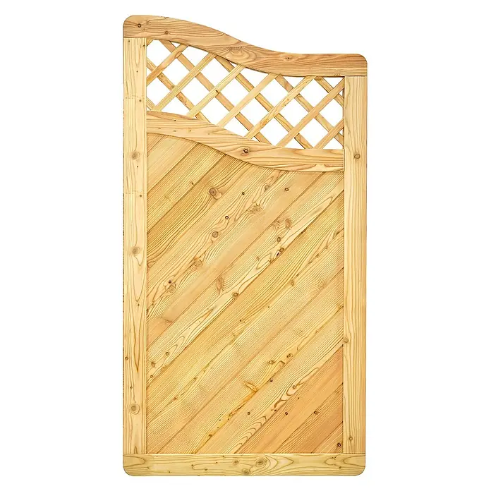 GartenLand Sichtschutzelement NIZZA - Holz, Lärche - Helles Holz-Gartentor mit diagonalen Latten, gebogenem Oberteil und Rautenmuster-Gitter.