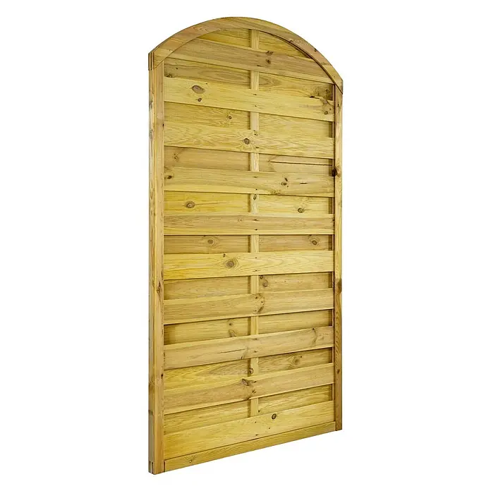 GartenLand Sichtschutzelement VARIO - Holz, Kiefer KDI Grün - Holzzaunfeld mit Rundbogen und horizontalen, überlappenden Latten.