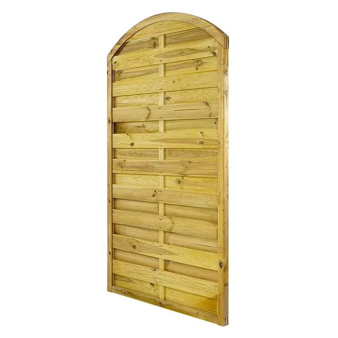 GartenLand Sichtschutzelement VARIO - Holz, Kiefer KDI Grün - Heller Holzzaun mit Bogen und geflochtenen Querlatten.